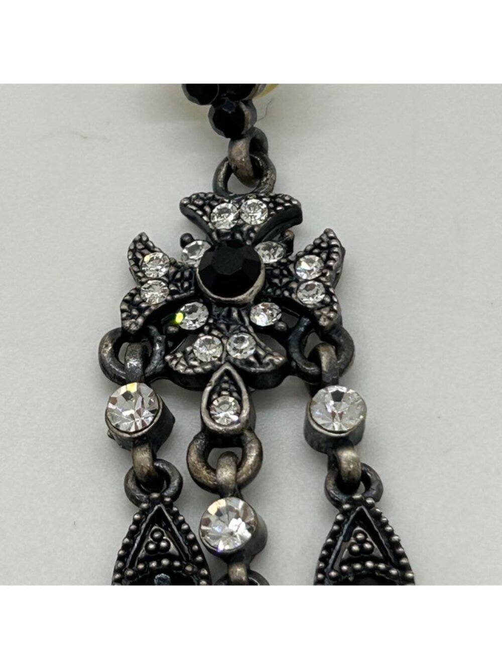 Gothic Chandelier Earrings Gunmetal Victorian Revival Black Rhinestone Statement - Picture 7 of 13